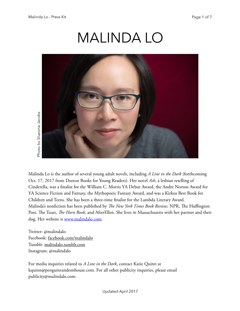 Malinda Lo - Press Kit Page �1 of �7 MALINDA LO