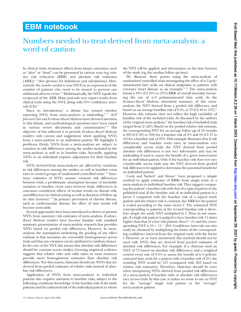 EBM Notebook Numbers Needed to Treat Derived from Meta-Analysis: a Word of Caution