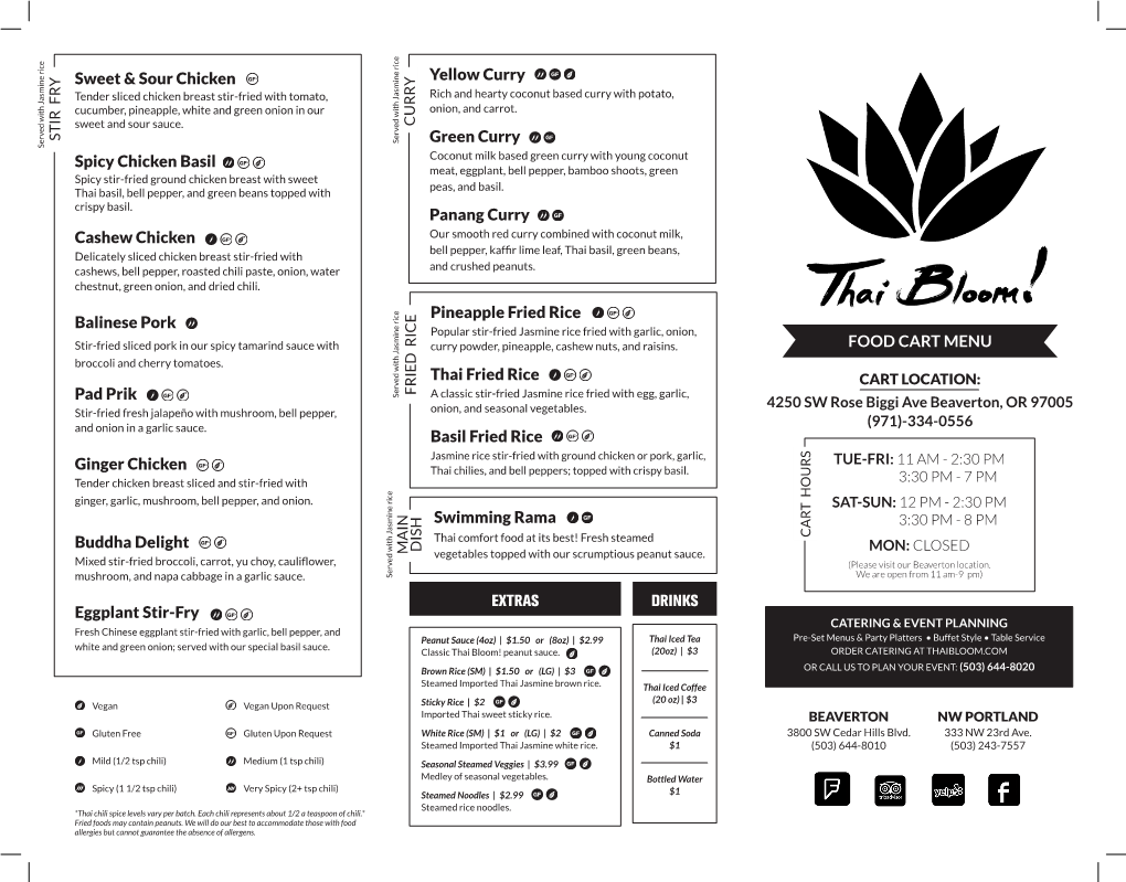 Thai Bloom Food Cart Menu Descriptions & Pricing