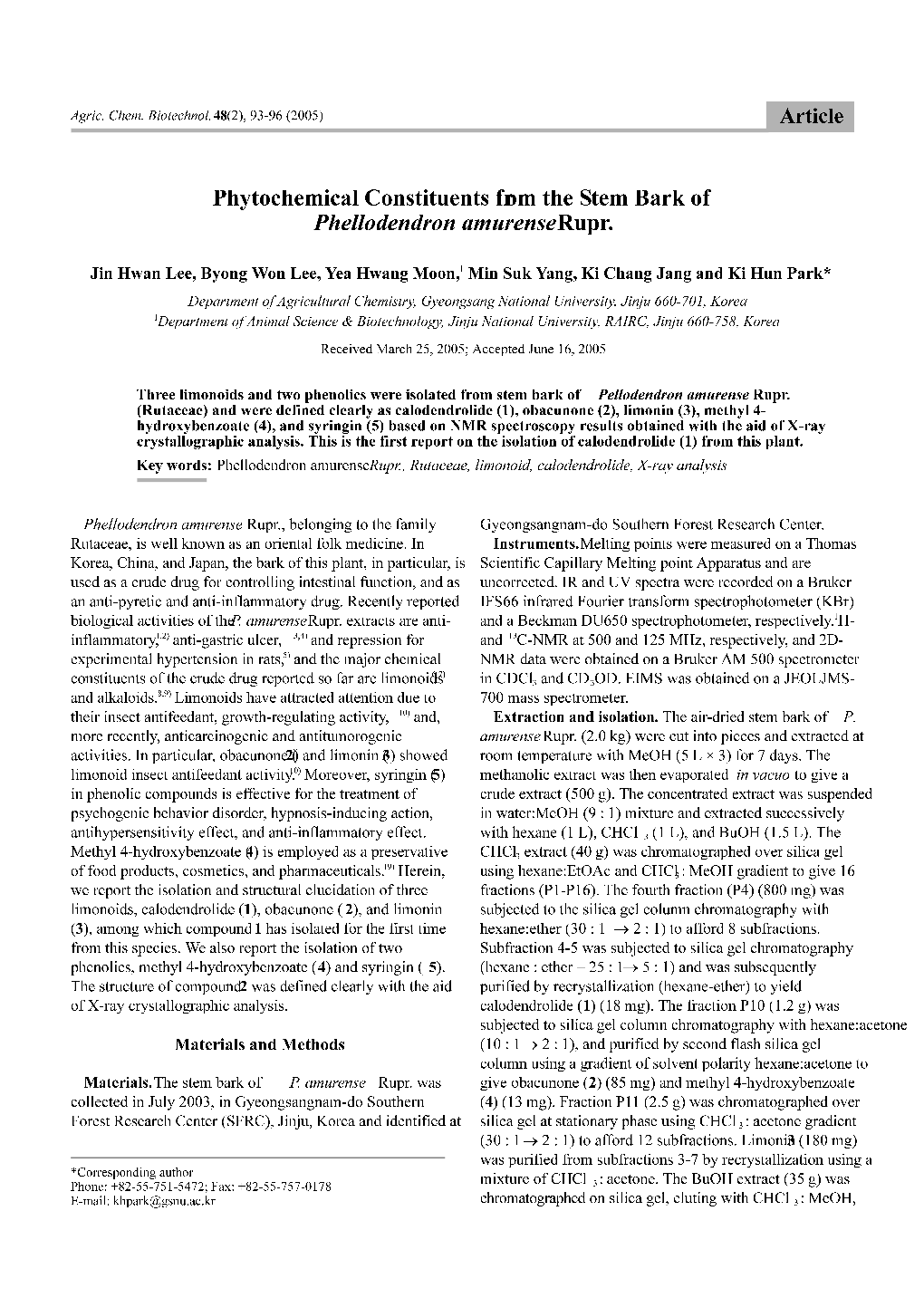 Phytochemical Constituents from the Stem Bark of Phellodendron Amurense Rupr