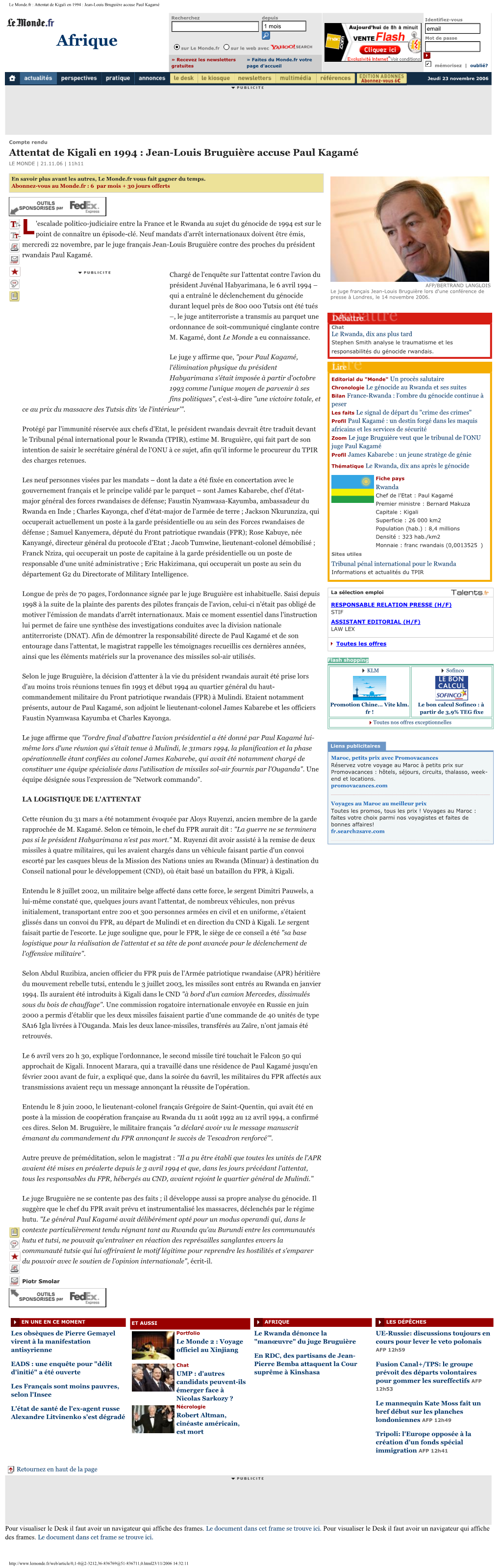 Le Monde.Fr : Attentat De Kigali En 1994 : Jean-Louis Bruguière Accuse Paul Kagamé