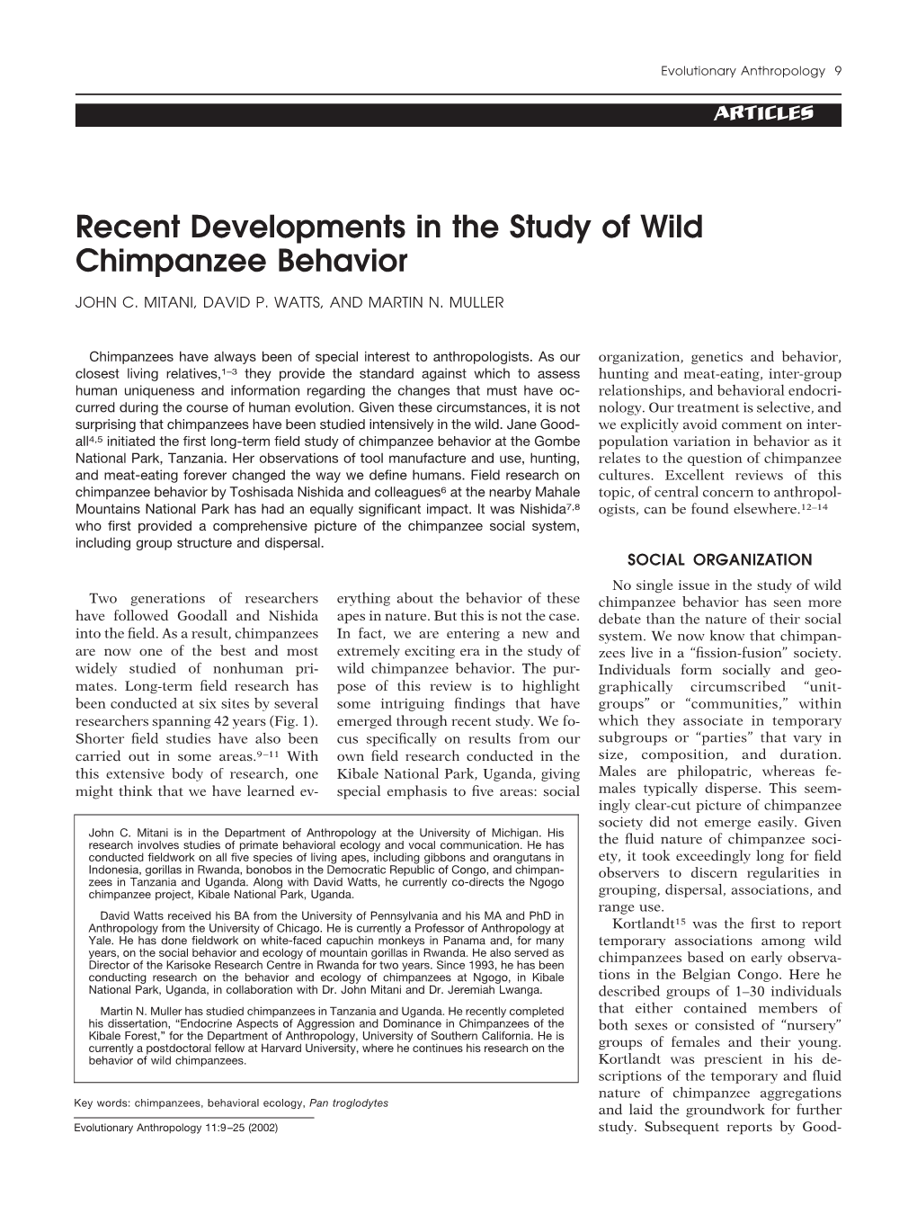 Recent Developments in the Study of Wild Chimpanzee Behavior