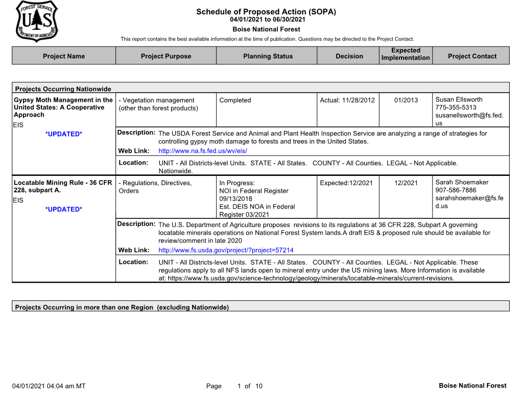 Schedule of Proposed Action (SOPA) 04/01/2021 to 06/30/2021 Boise National Forest This Report Contains the Best Available Information at the Time of Publication