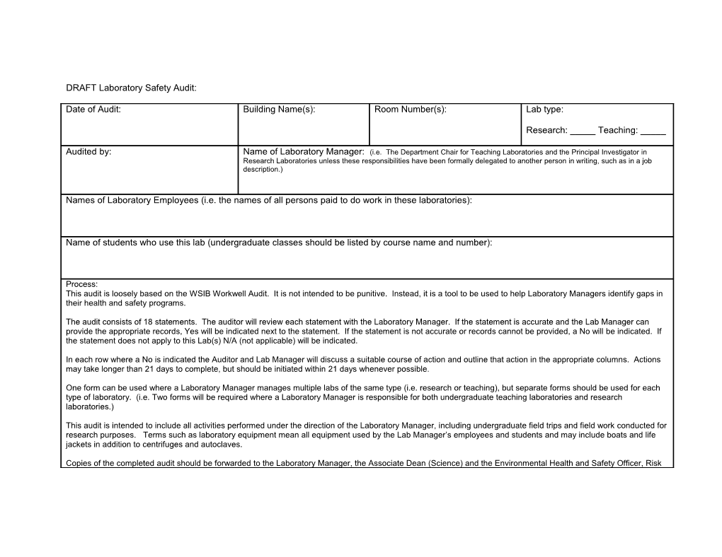 DRAFT Laboratory Safety Audit