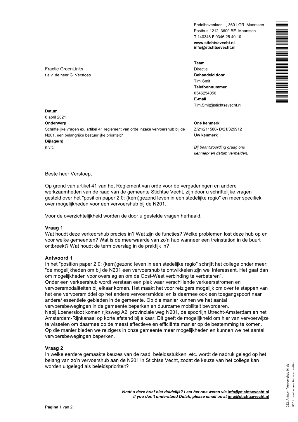 022. Antw.+Vr. Vervoershub Bij De N201, Een Belangrijke Bestuurlijke