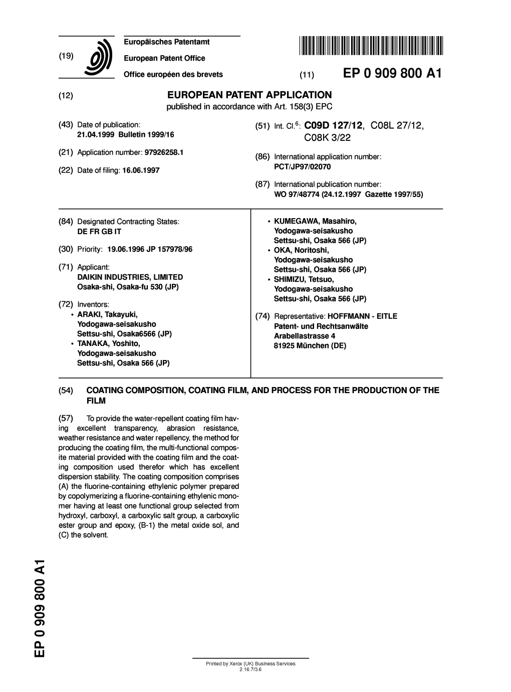 Coating Composition, Coating Film, and Process for the Production of the Film