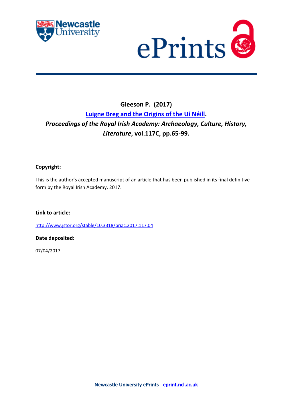 Luigne Breg and the Origins of the Uí Néill. Proceedings of the Royal Irish Academy: Archaeology, Culture, History, Literature, Vol.117C, Pp.65-99