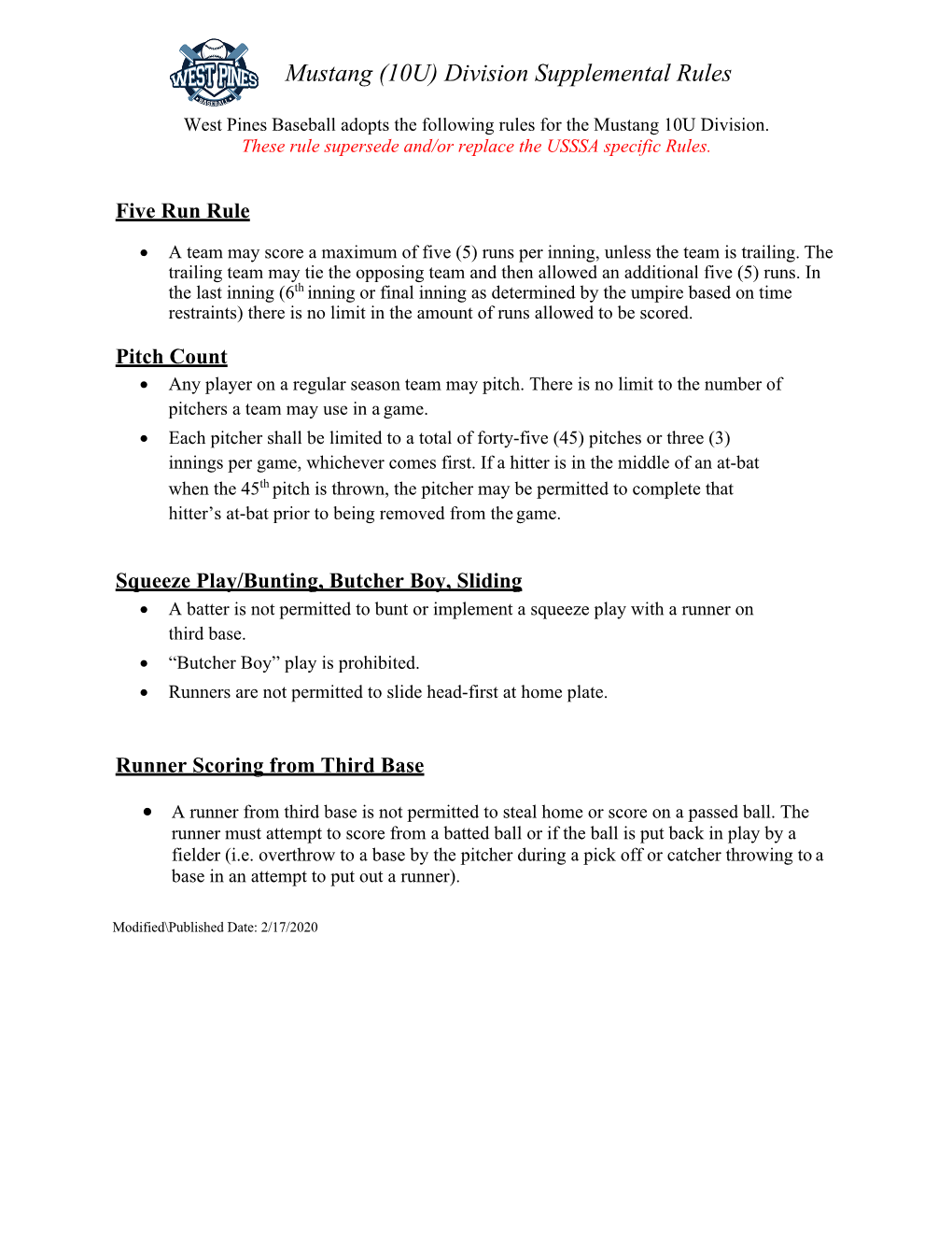 Mustang (10U) Division Supplemental Rules