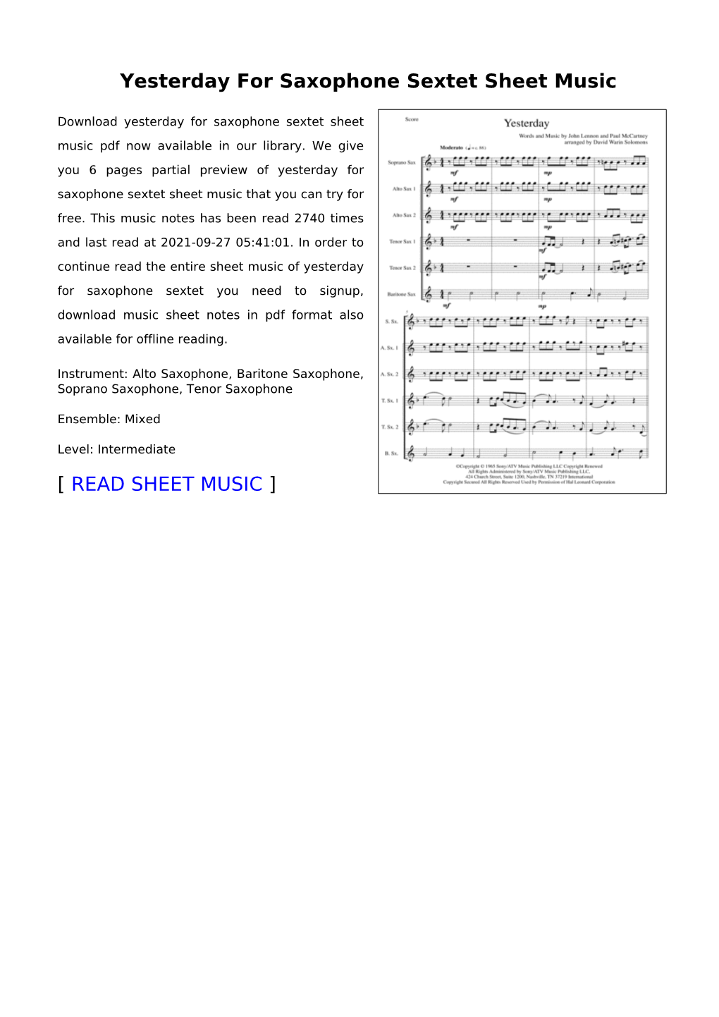 Yesterday for Saxophone Sextet Sheet Music