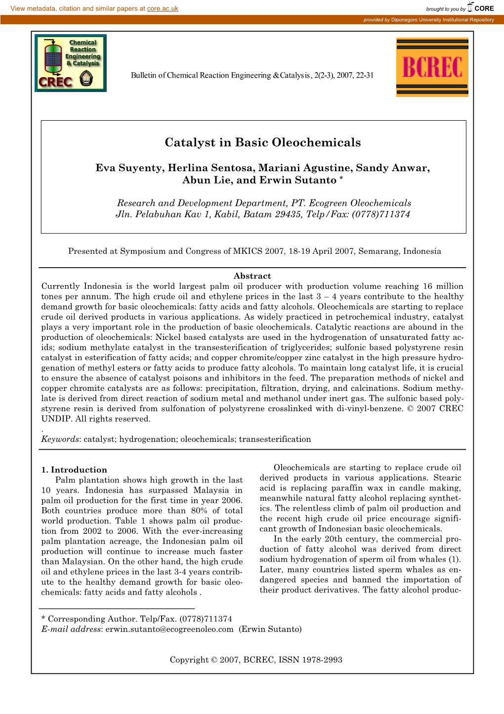 Catalyst in Basic Oleochemicals