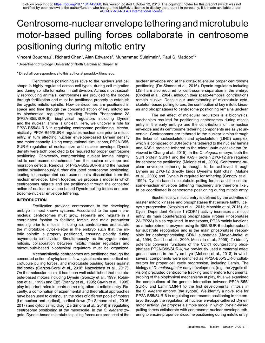 Centrosome-Nuclear Envelope Tethering and Microtubule Motor