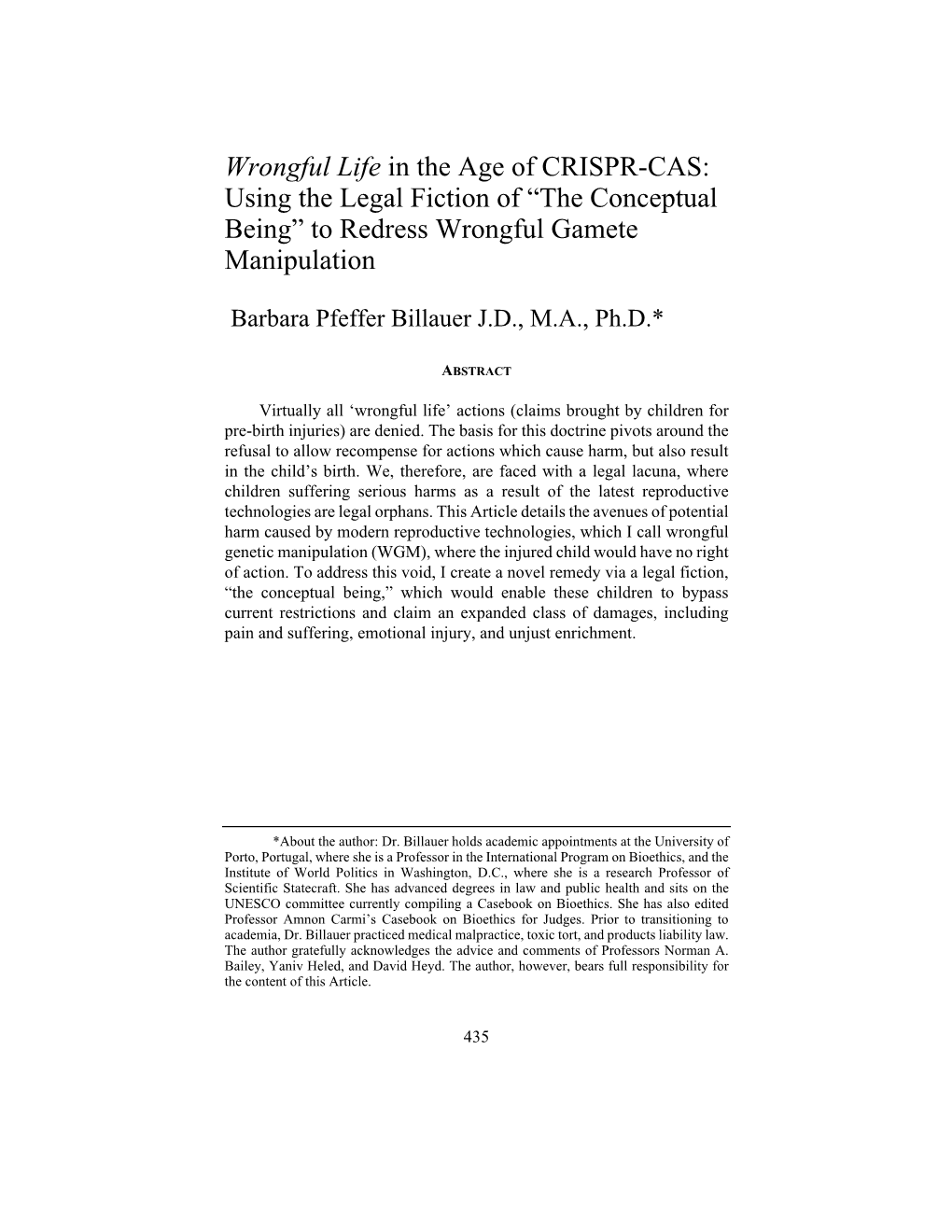 Wrongful Life in the Age of CRISPR-CAS: Using the Legal Fiction of “The Conceptual Being” to Redress Wrongful Gamete Manipulation