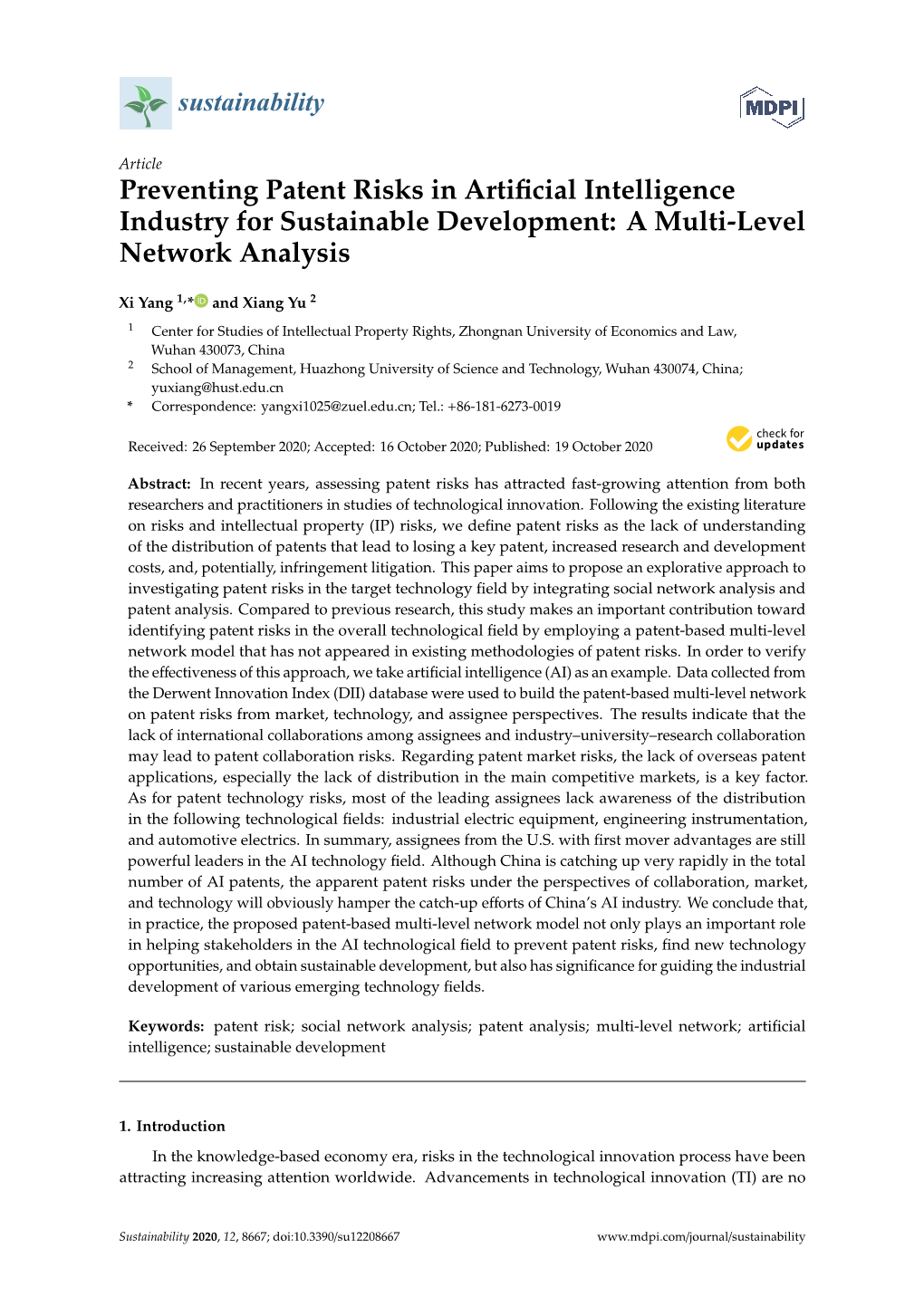 Preventing Patent Risks in Artificial Intelligence Industry for Sustainable Development