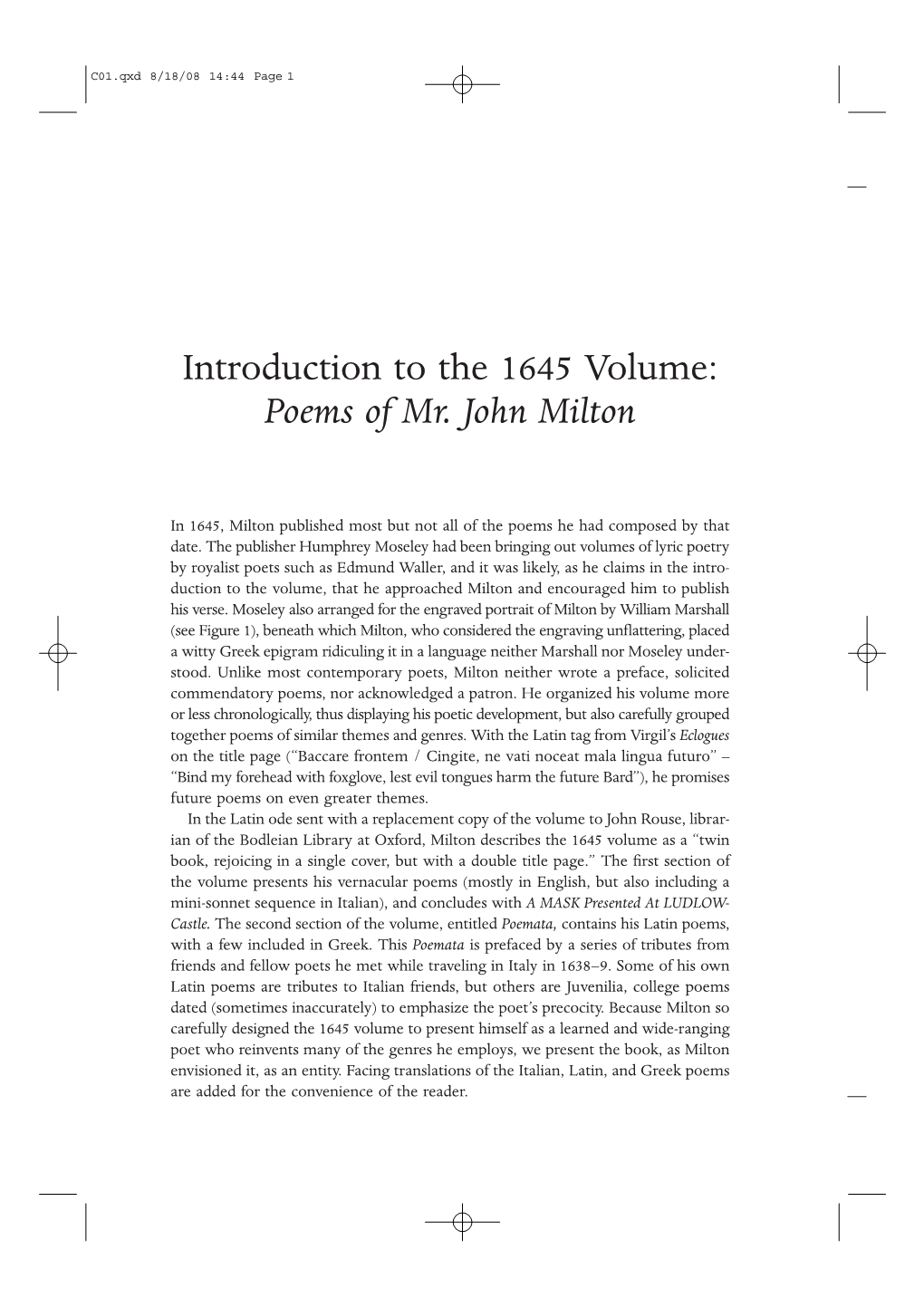 Introduction to the 1645 Volume: Poems of Mr. John Milton