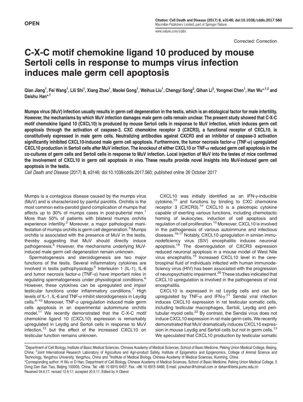 C-X-C Motif Chemokine Ligand 10 Produced by Mouse Sertoli Cells in Response to Mumps Virus Infection Induces Male Germ Cell Apoptosis