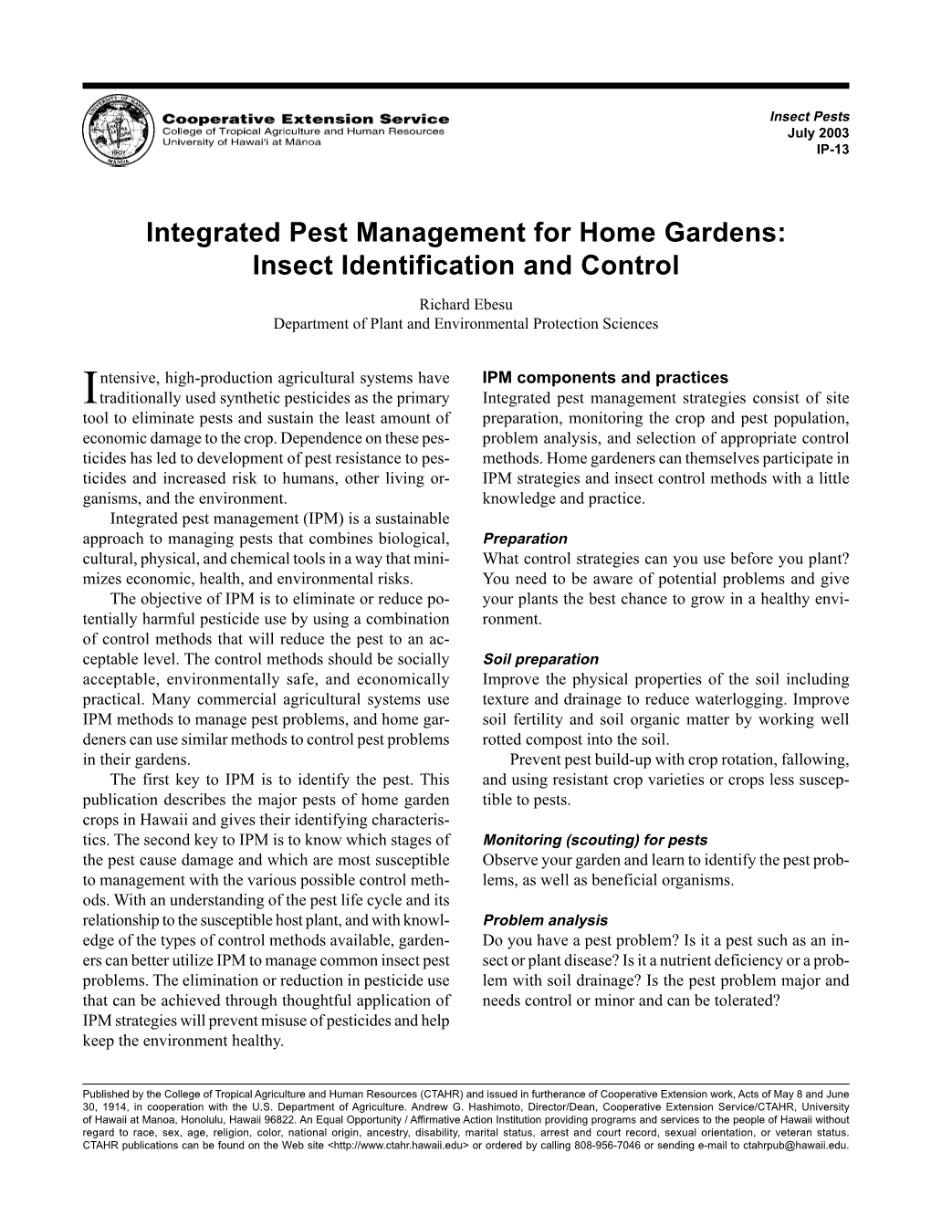 Integrated Pest Management for Home Gardens: Insect Identification and Control