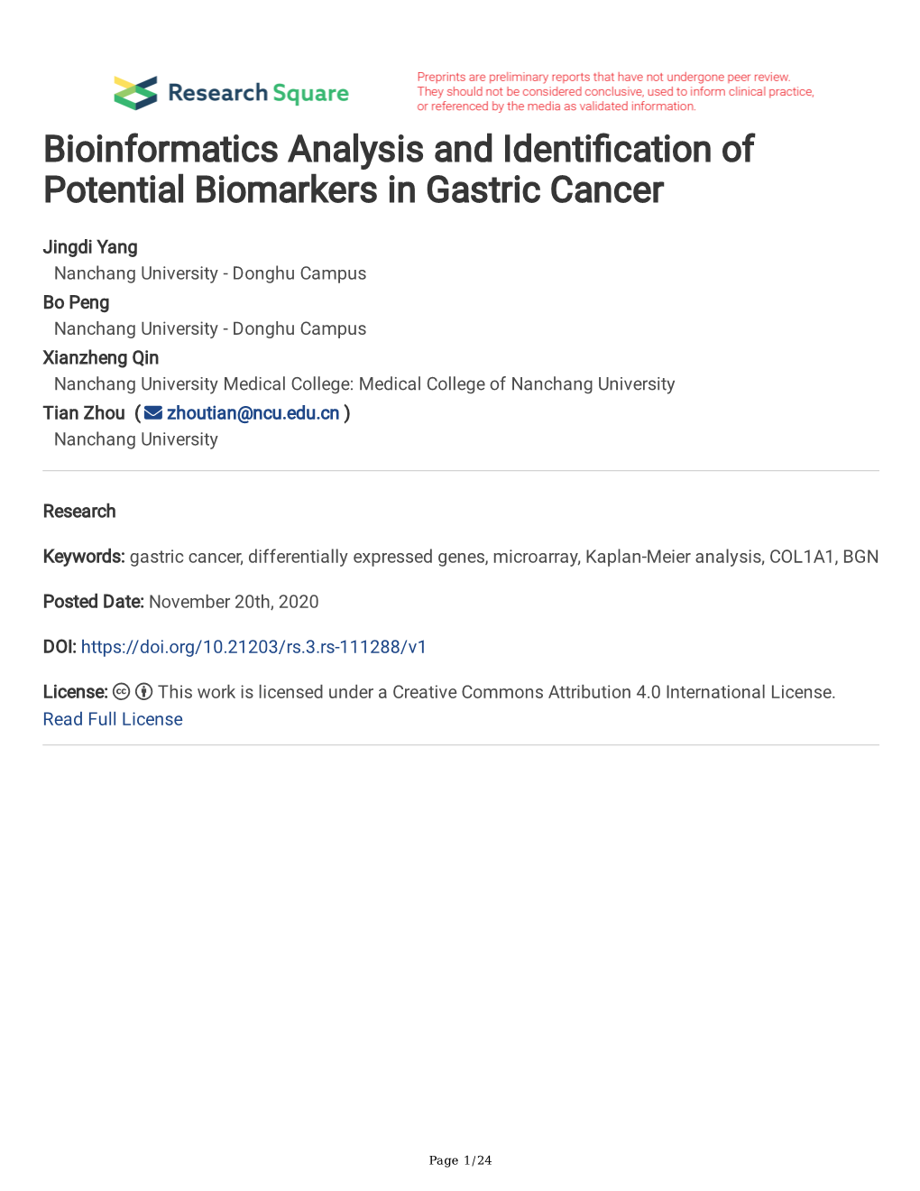 Bioinformatics Analysis and Identi Cation of Potential Biomarkers In