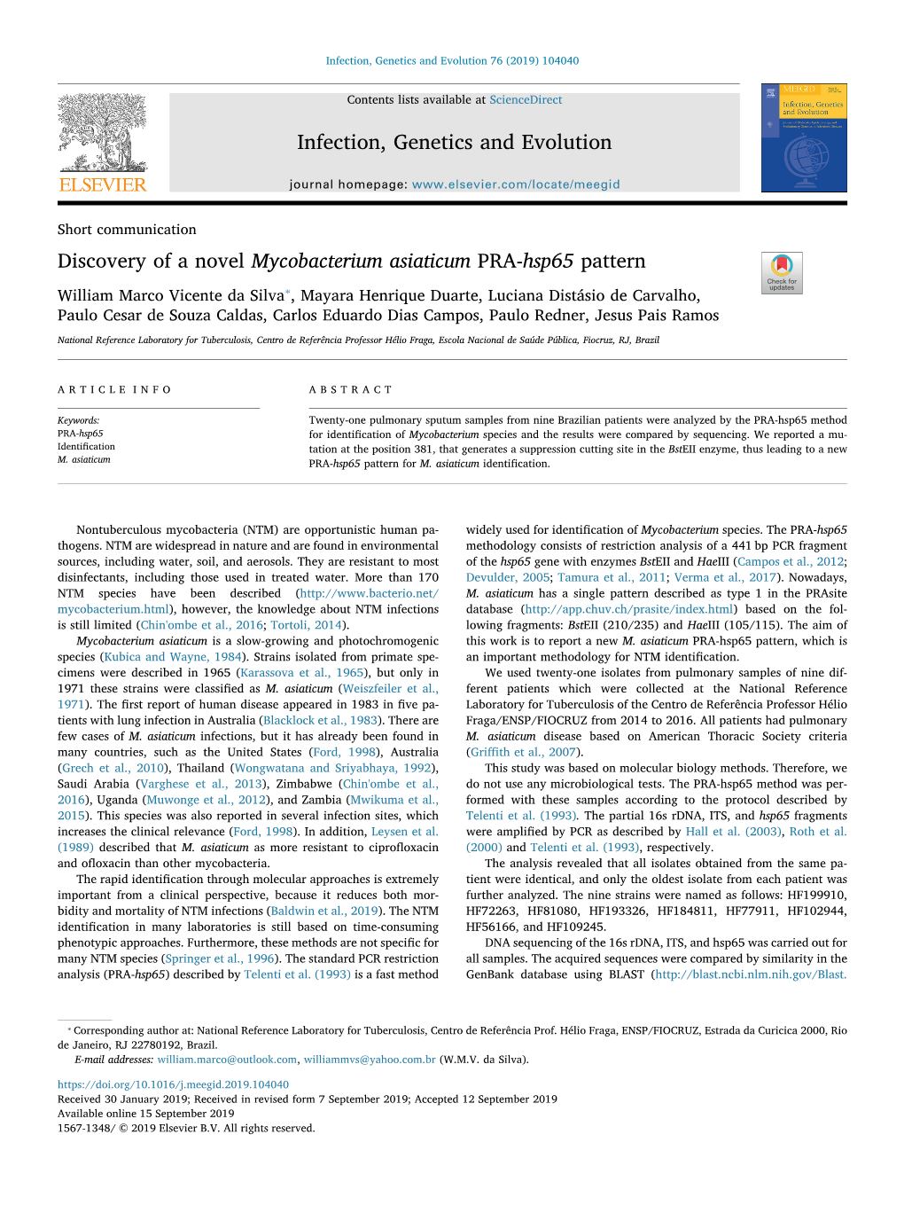 Discovery of a Novel Mycobacterium Asiaticum PRA-Hsp65 Pattern