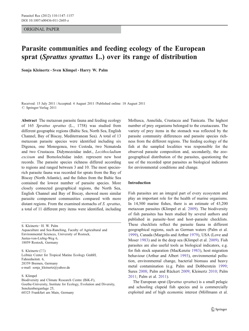 Parasite Communities and Feeding Ecology of the European Sprat (Sprattus Sprattus L.) Over Its Range of Distribution