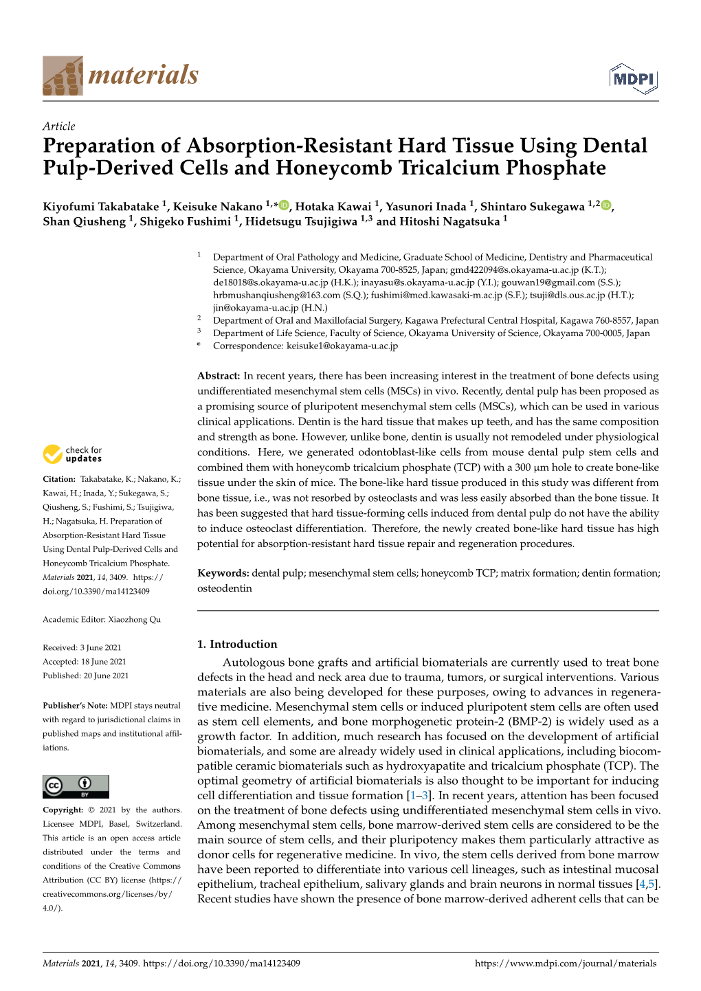 Preparation of Absorption-Resistant Hard Tissue Using Dental Pulp-Derived Cells and Honeycomb Tricalcium Phosphate