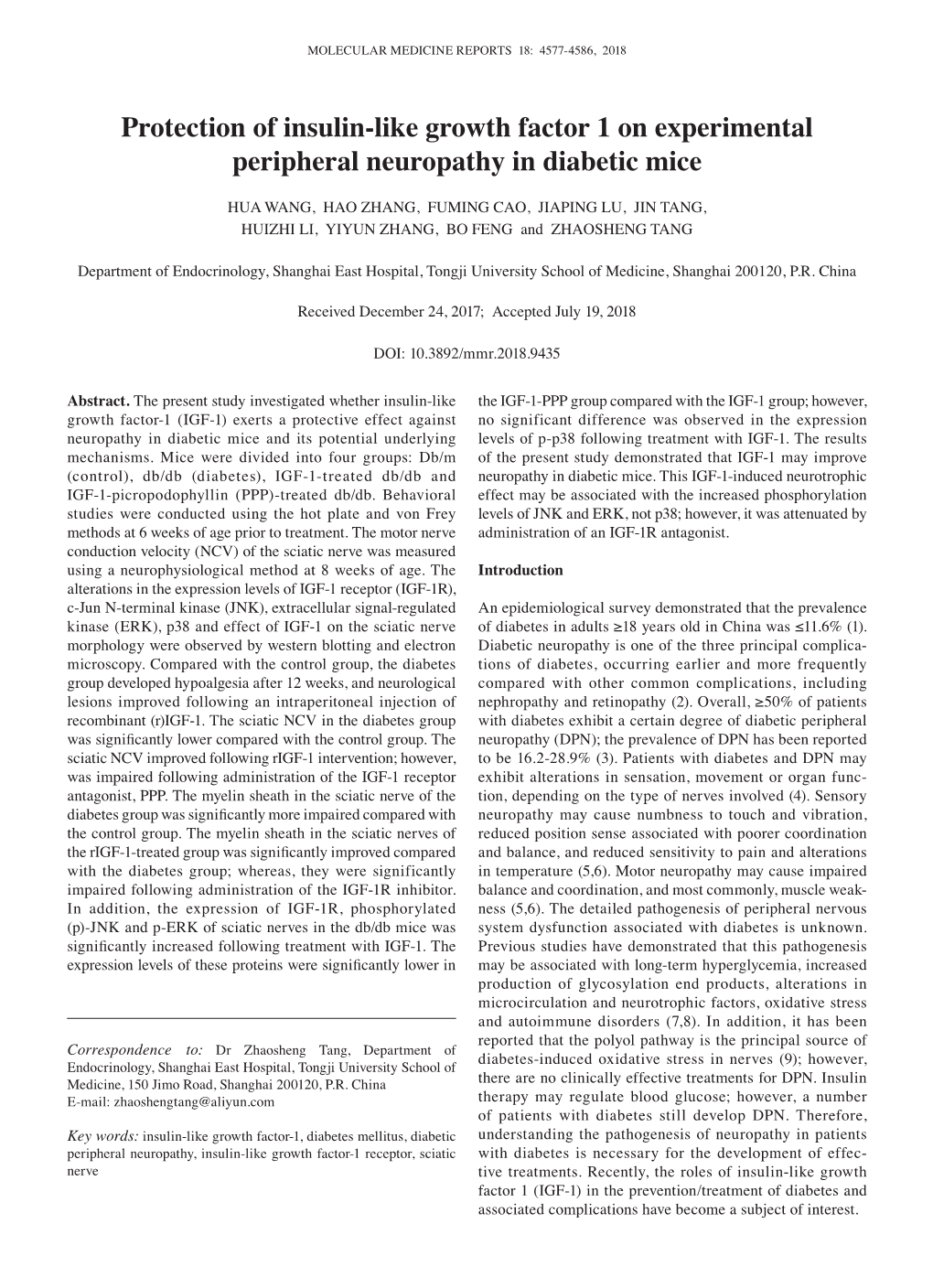 Protection of Insulin‑Like Growth Factor 1 on Experimental Peripheral Neuropathy in Diabetic Mice