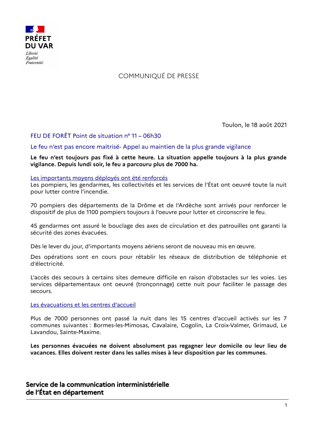 COMMUNIQUÉ DE PRESSE Service De La Communication Interministérielle De L'état En Département