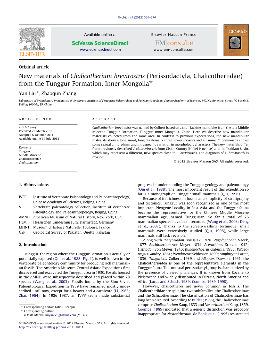 New Materials of Chalicotherium Brevirostris (Perissodactyla, Chalicotheriidae)