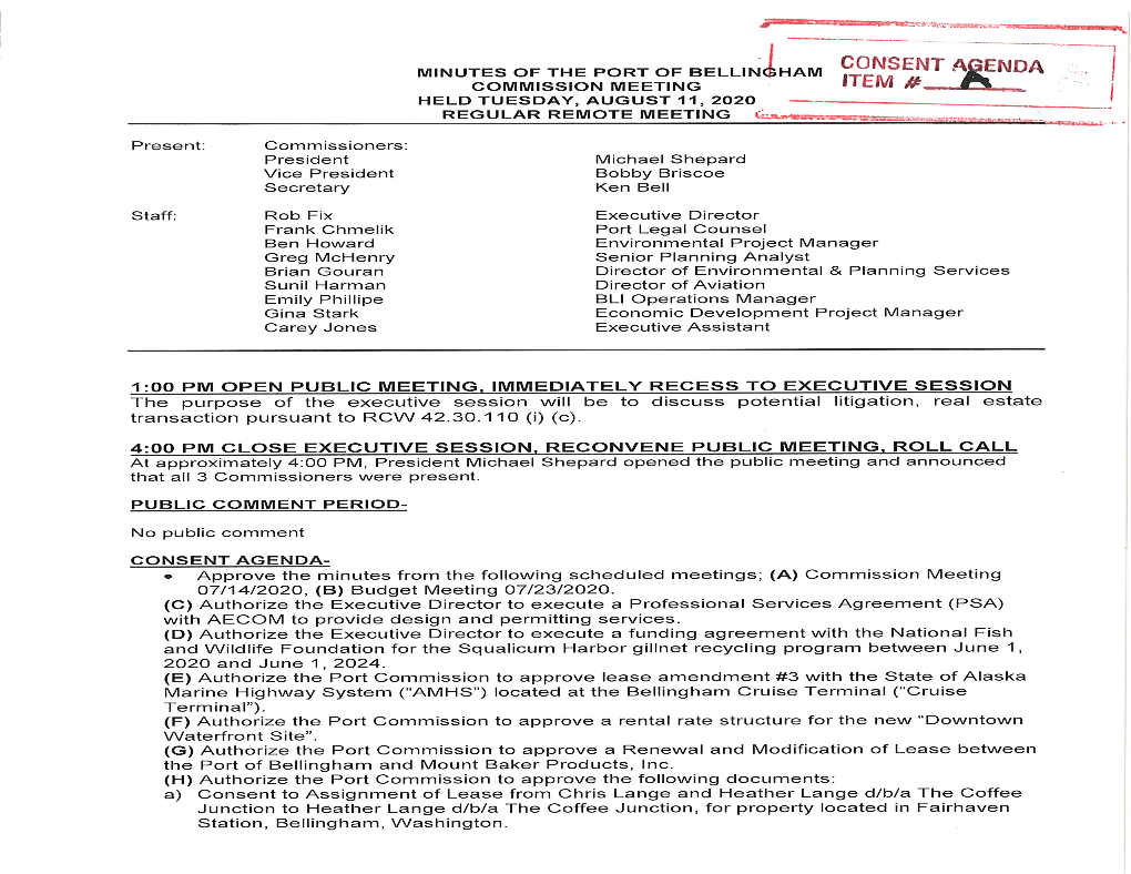 MINUTES of the PORT of BELLIN^HAM CO,NSENT A££MA COMMISSION MEETING F HELD TUESDAY, AUGUST 11 , 2020 —