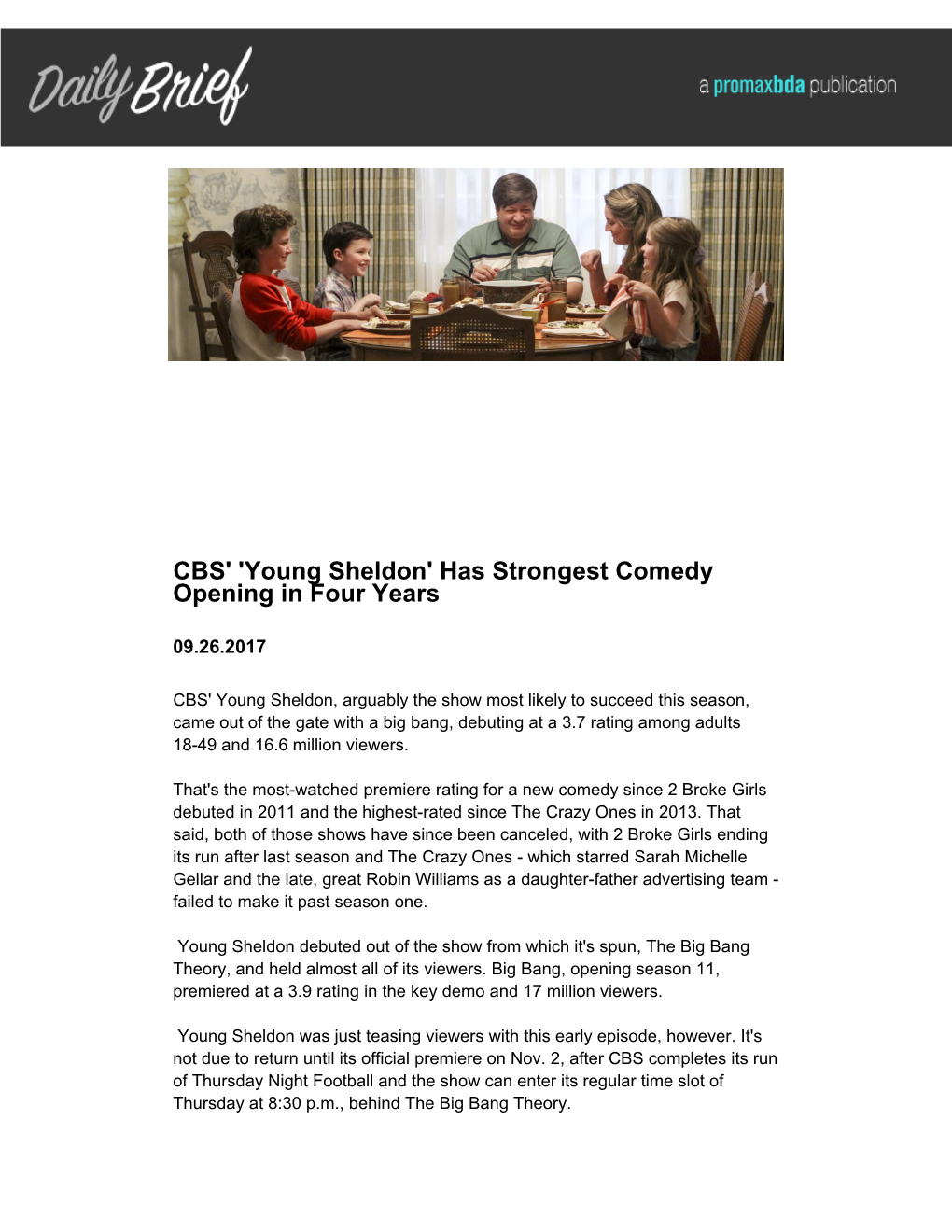 CBS' 'Young Sheldon' Has Strongest Comedy Opening in Four Years