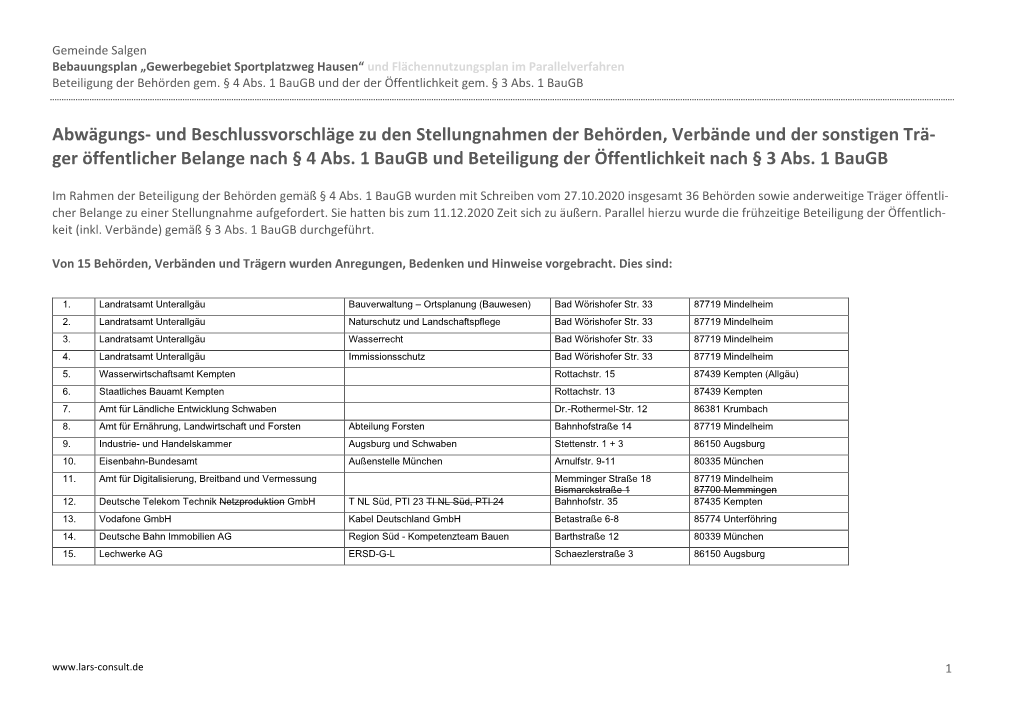 Beschlußvorschläge Zu Den Stellungnahmen Der Träger