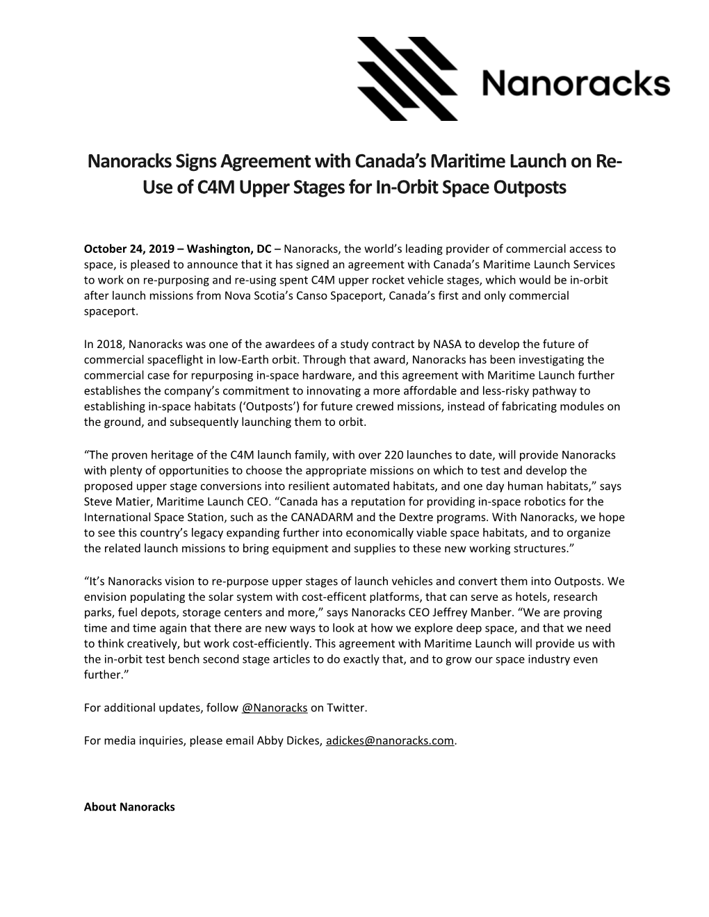 Nanoracks Signs Agreement with Canada's Maritime Launch on Re