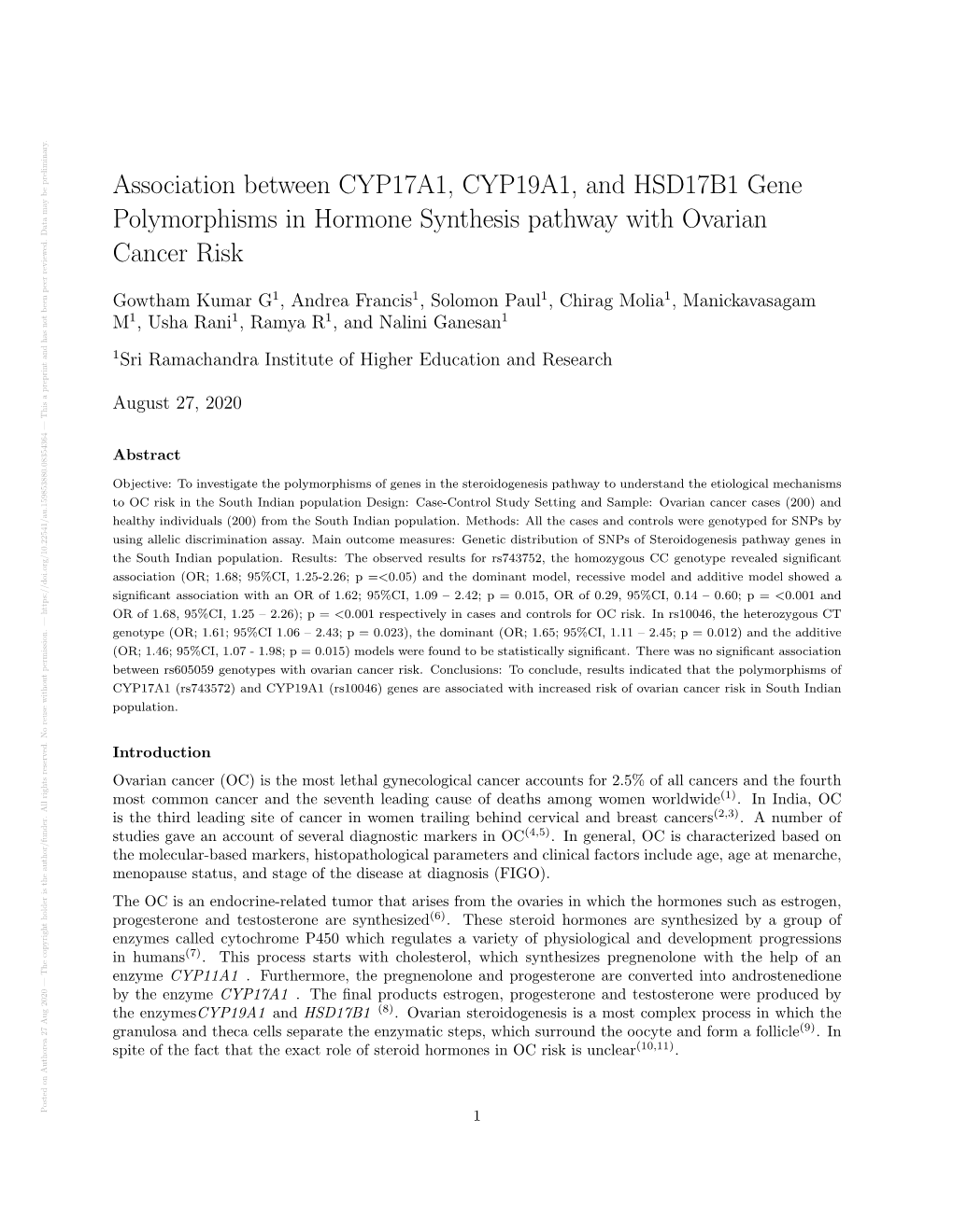 Association Between CYP17A1, CYP19A1, and HSD17B1 Gene Polymorphisms in Hormone Synthesis Pathway with Ovarian Cancer Risk