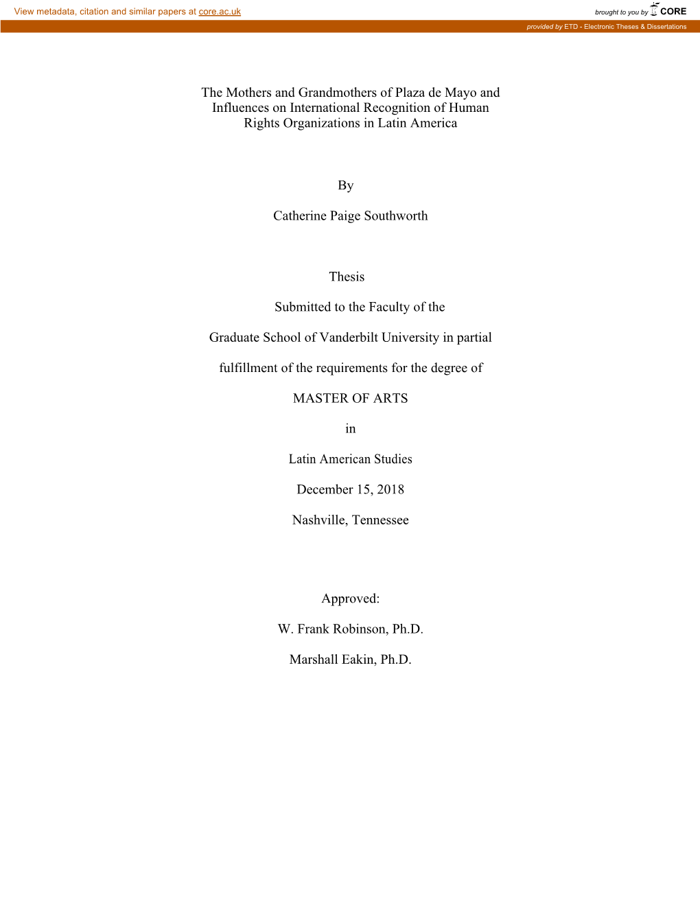 The Mothers and Grandmothers of Plaza De Mayo and Influences on International Recognition of Human Rights Organizations in Latin America