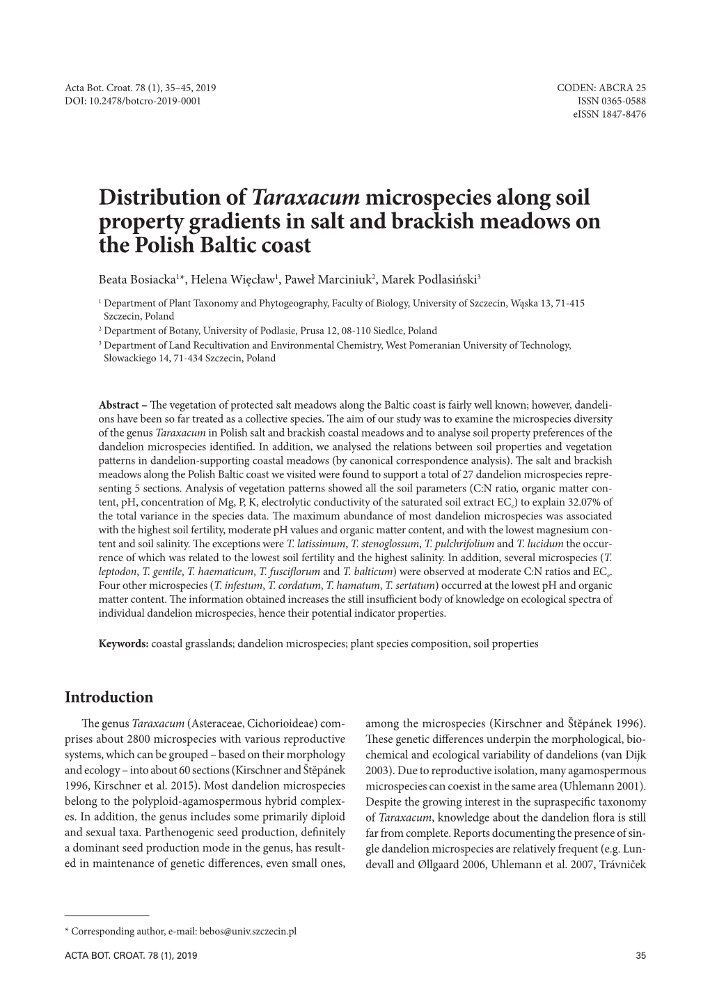 Distribution of Taraxacum Microspecies Along Soil Property Gradients in Salt and Brackish Meadows on the Polish Baltic Coast