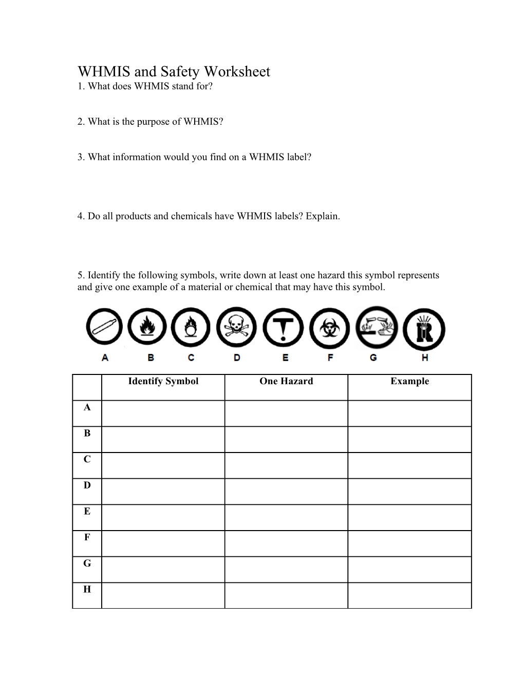 WHMIS and Safety Worksheet