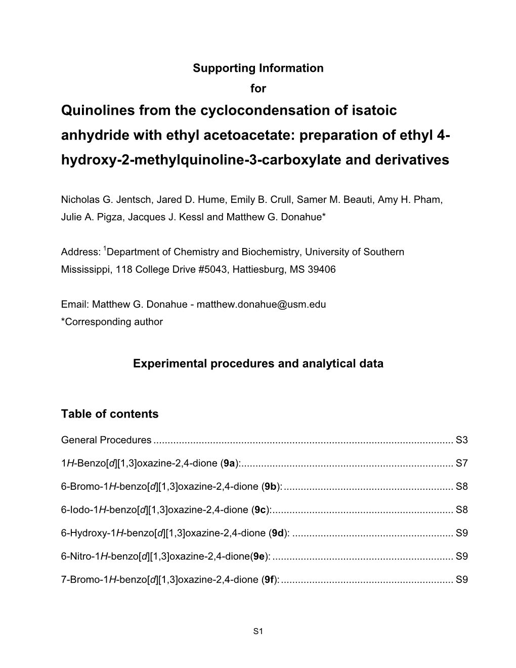 Quinolines from the Cyclocondensation of Isatoic Anhydride with Ethyl Acetoacetate: Preparation of Ethyl 4- Hydroxy-2-Methylquinoline-3-Carboxylate and Derivatives