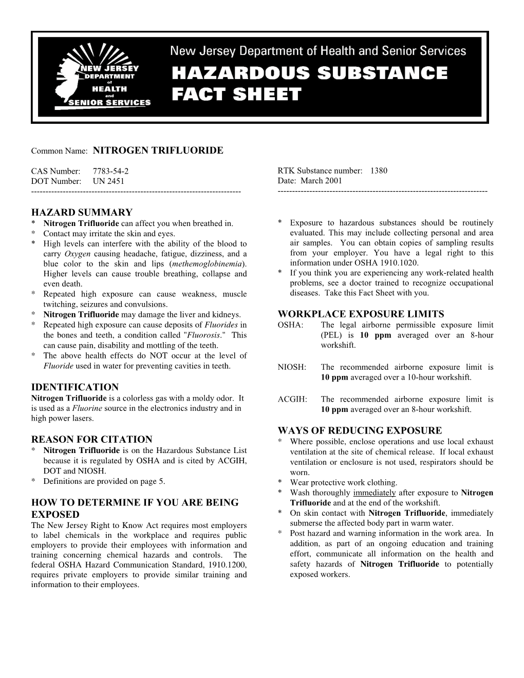 Nitrogen Trifluoride Hazard Summary Identification