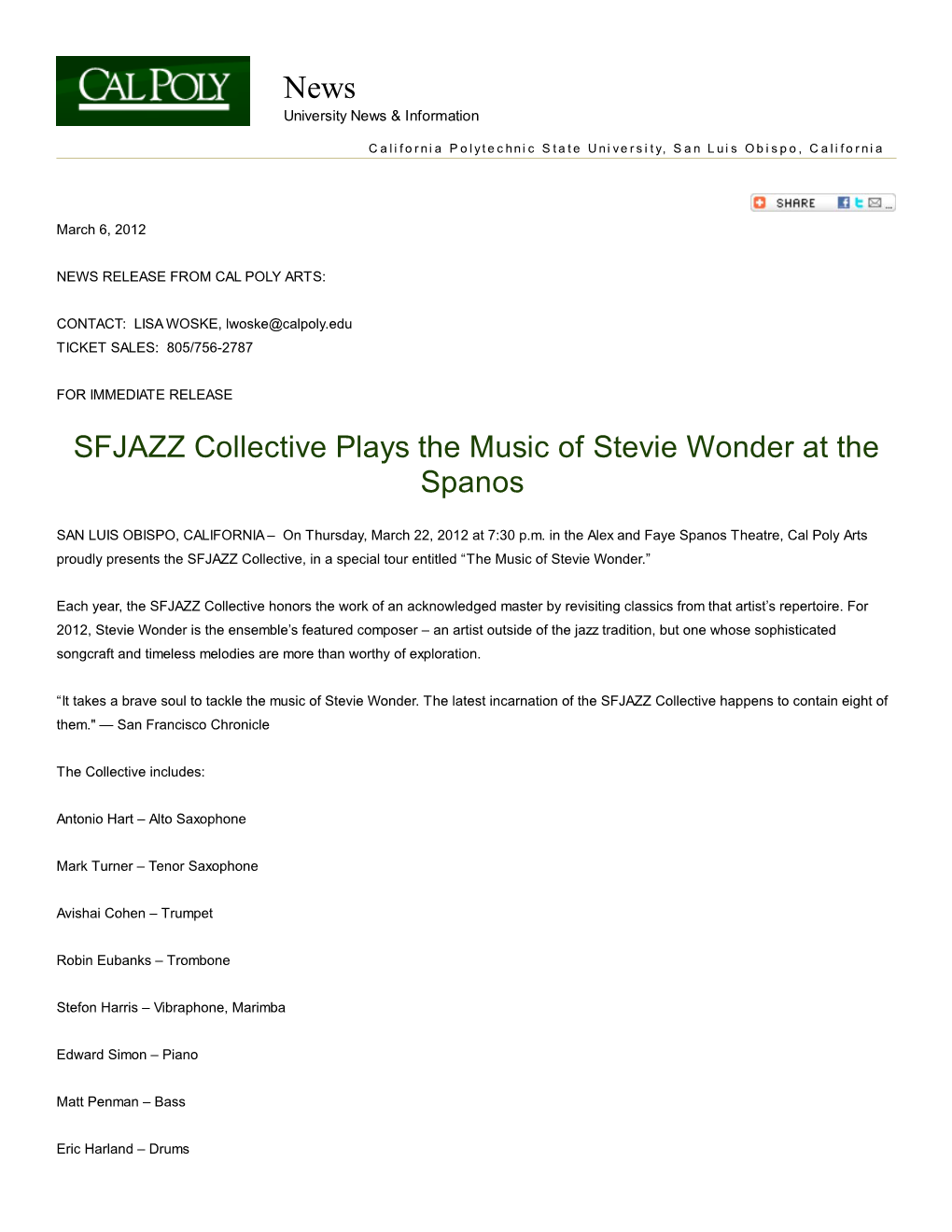 SFJAZZ Collective Plays the Music of Stevie Wonder at the Spanos