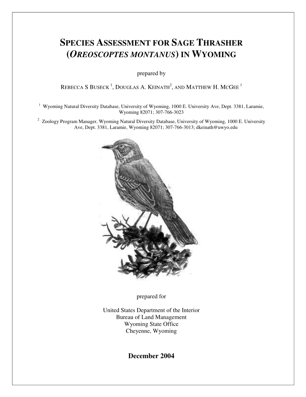 Species Assessment for Sage Thrasher (Oreoscoptes Montanus) in Wyoming