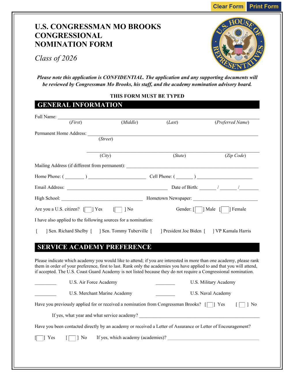 U.S. CONGRESSMAN MO BROOKS CONGRESSIONAL NOMINATION FORM Class of 2026