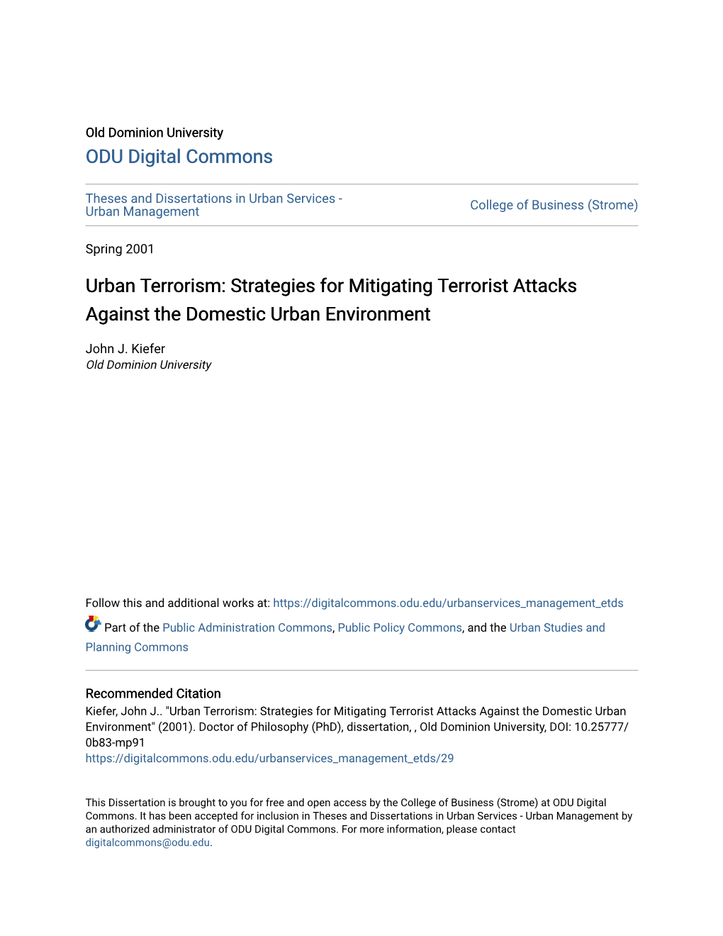 Urban Terrorism: Strategies for Mitigating Terrorist Attacks Against the Domestic Urban Environment