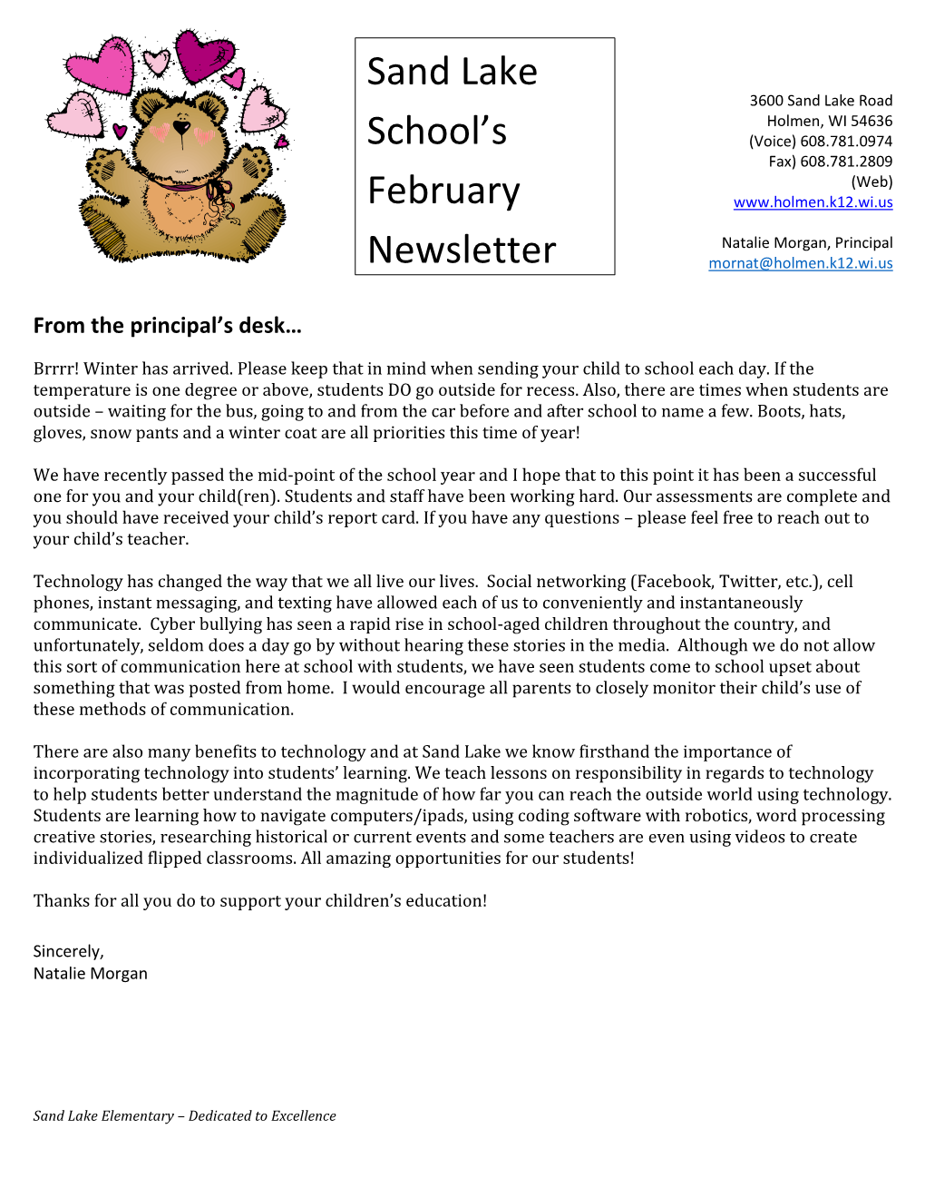 Sand Lake School's February Newsletter