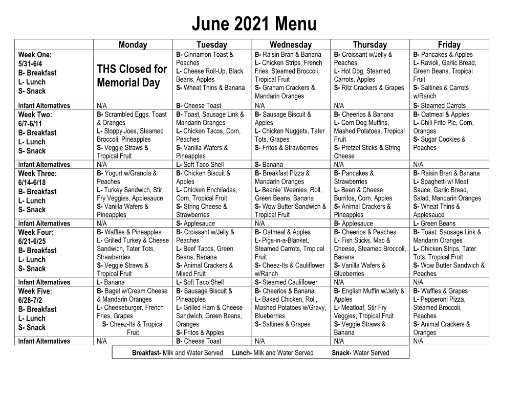 June 2021 Menu