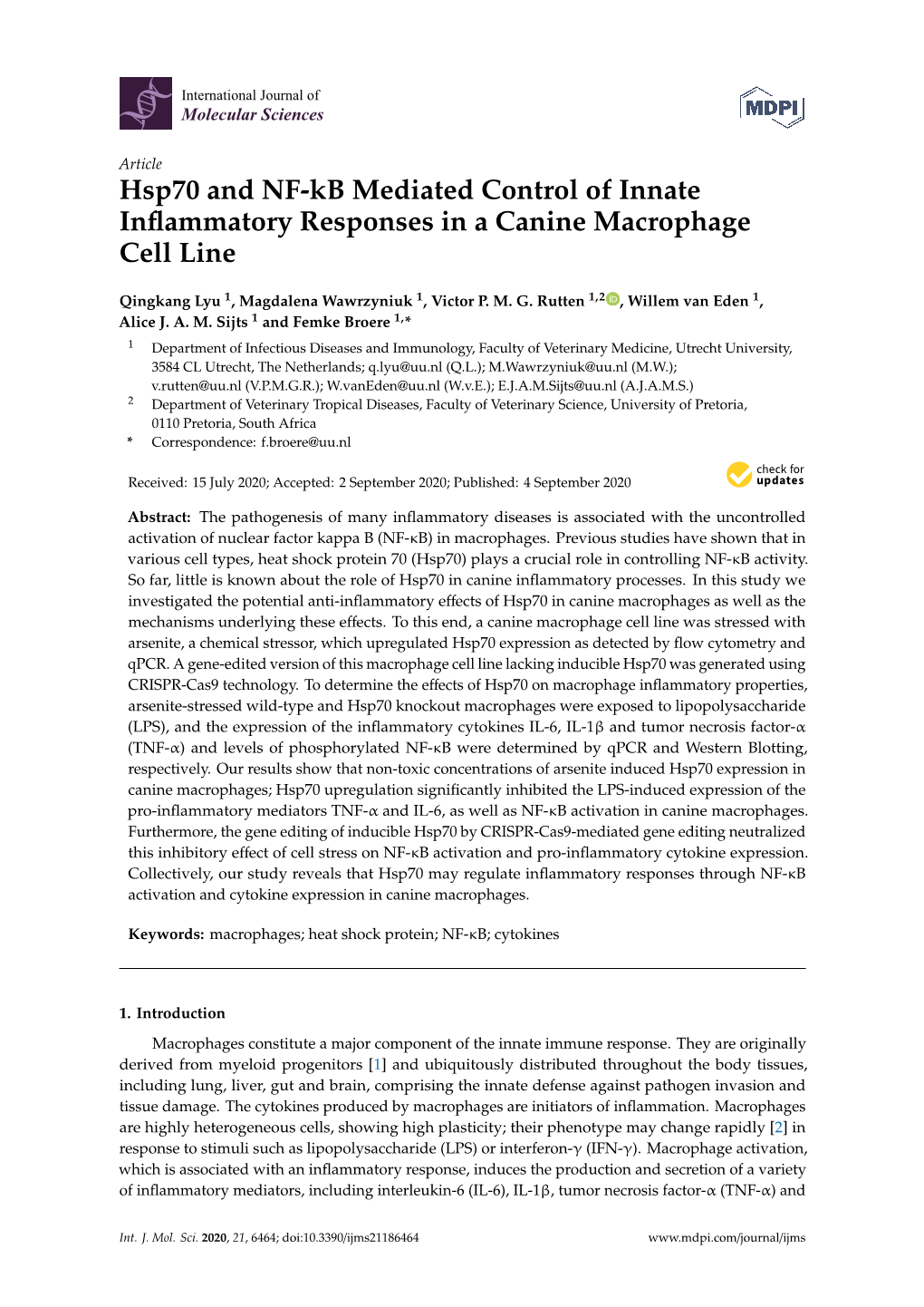 Hsp70 and NF-Kb Mediated Control of Innate Inflammatory Responses In