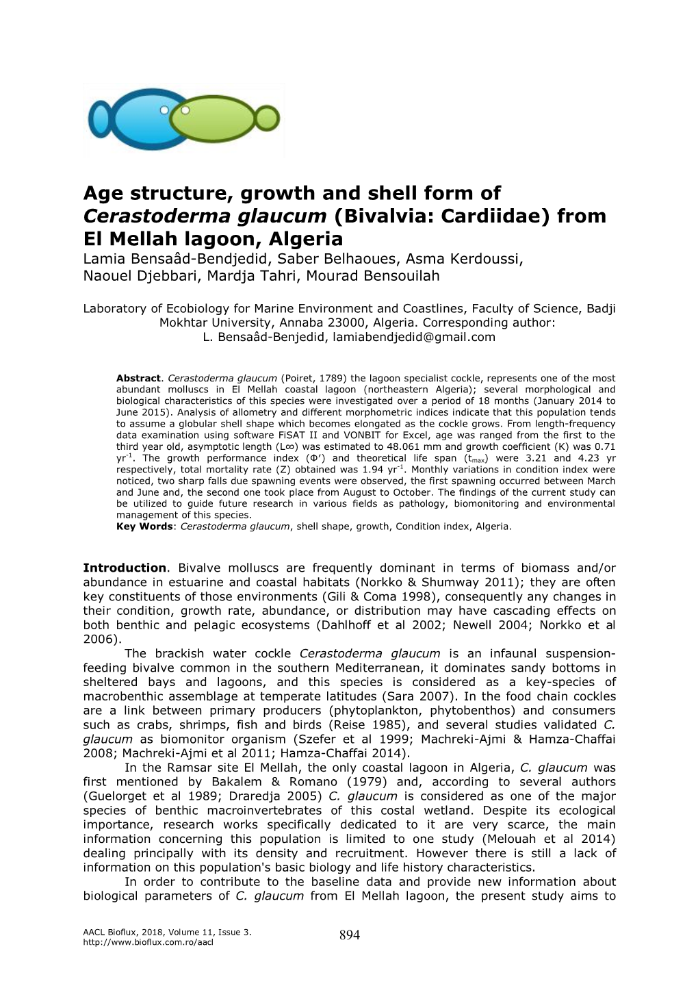 Age Structure, Growth and Shell Form of Cerastoderma Glaucum (Bivalvia