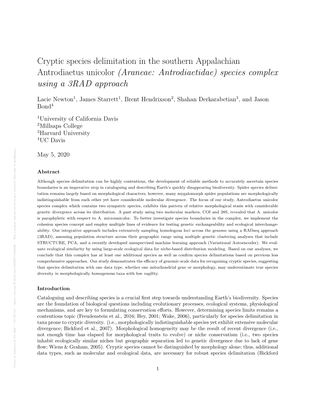 Cryptic Species Delimitation in the Southern Appalachian Antrodiaetus