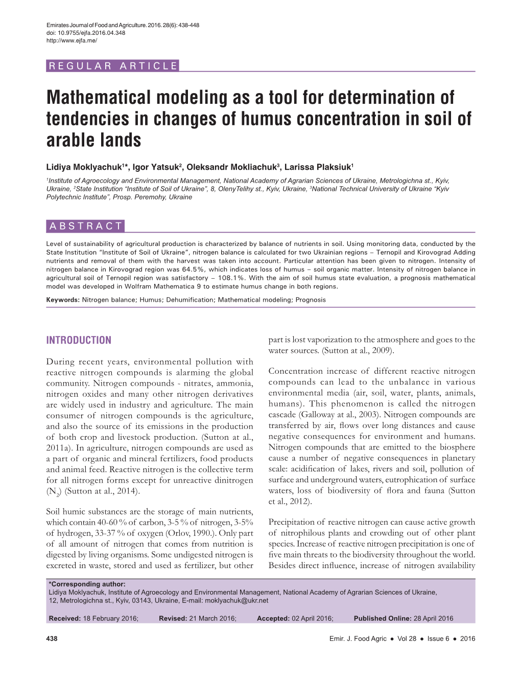 Mathematical Modeling As a Tool for Determination of Tendencies in Changes of Humus Concentration in Soil of Arable Lands