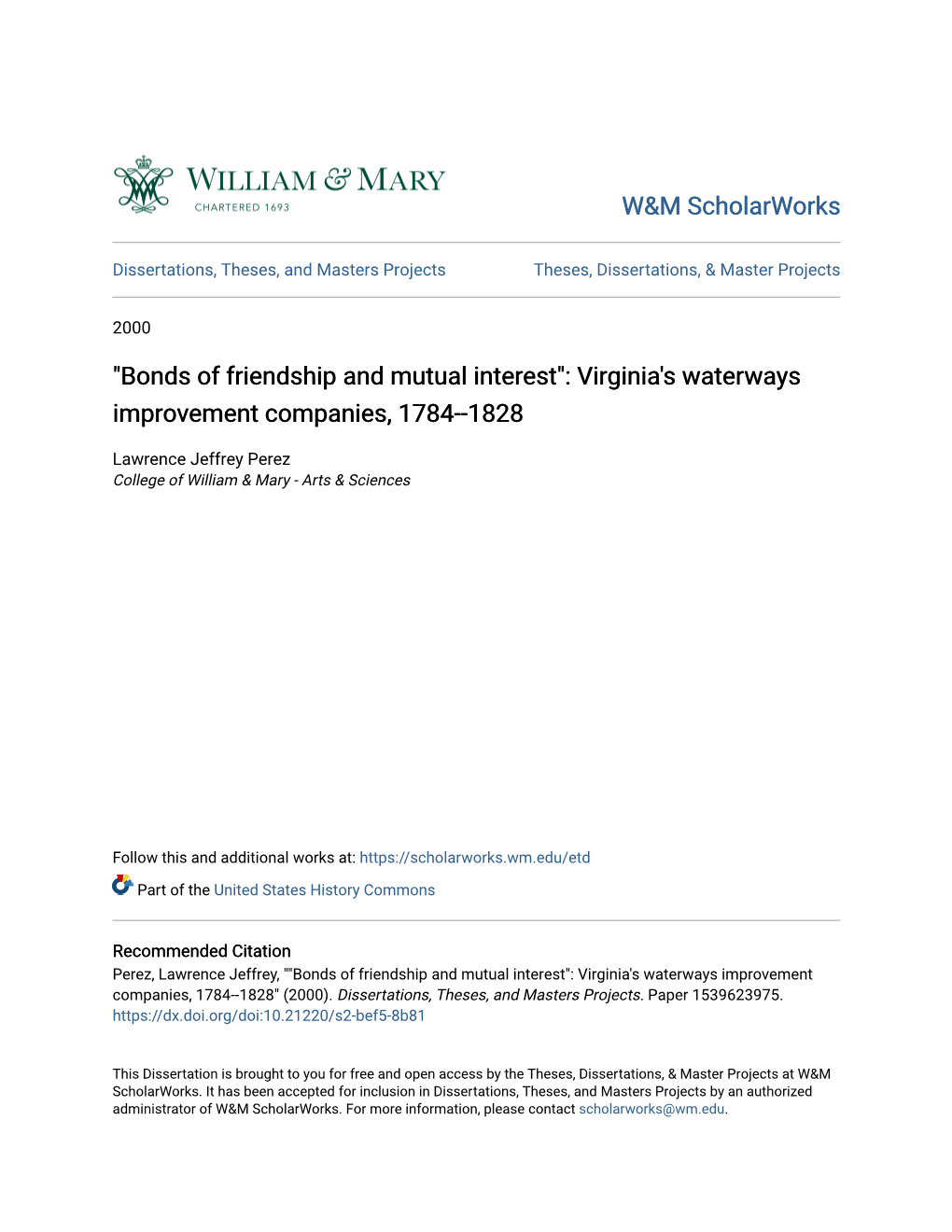 "Bonds of Friendship and Mutual Interest": Virginia's Waterways Improvement Companies, 1784--1828