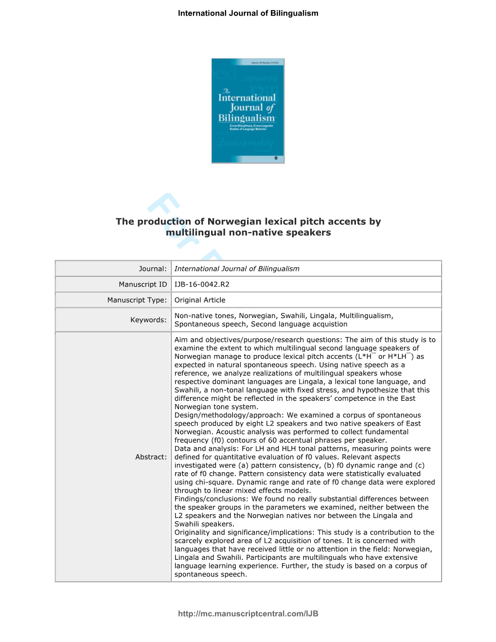 For Peer Review the Production of Norwegian Lexical Pitch Accents by Multilingual Non-Native Speakers