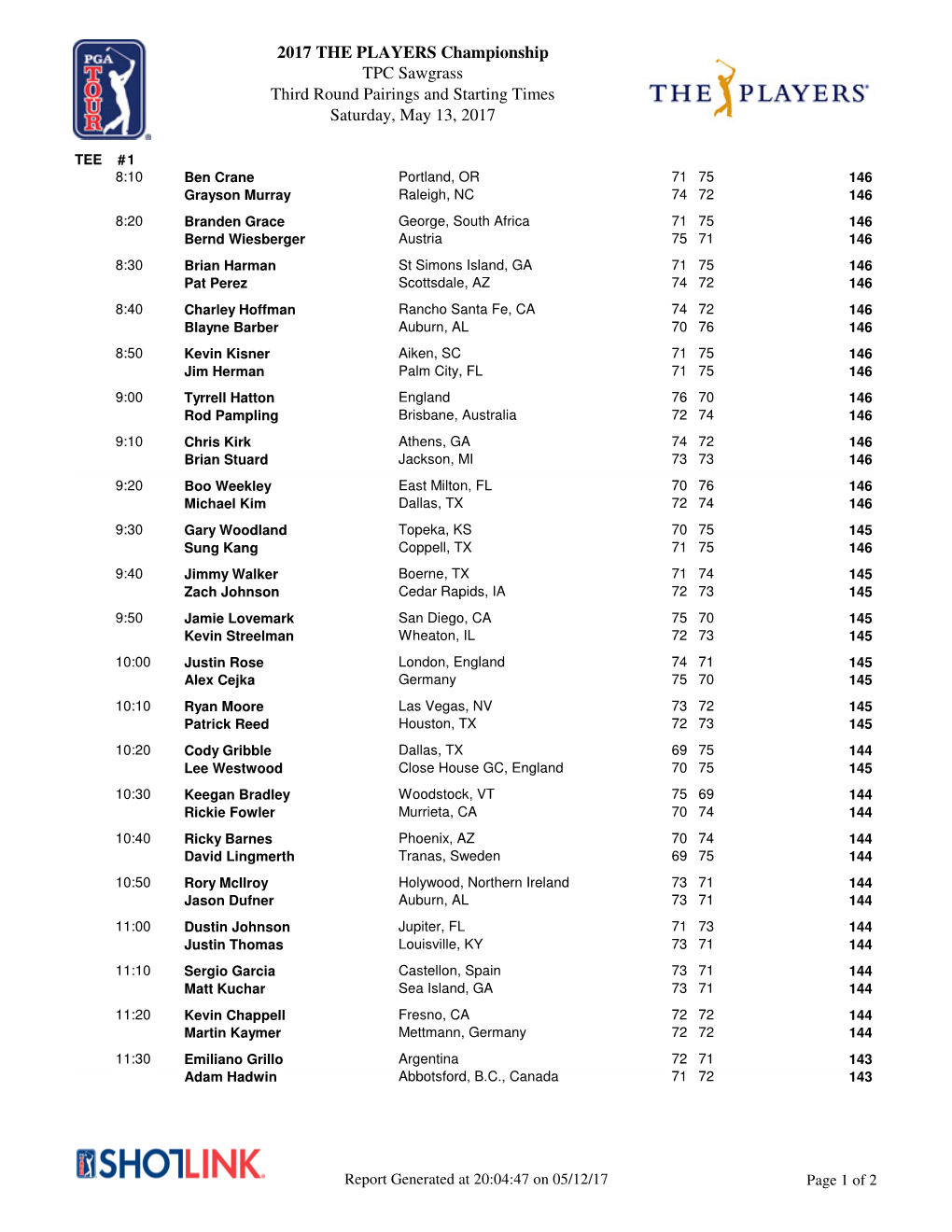 2017 the PLAYERS Championship TPC Sawgrass Third Round Pairings and Starting Times Saturday, May 13, 2017